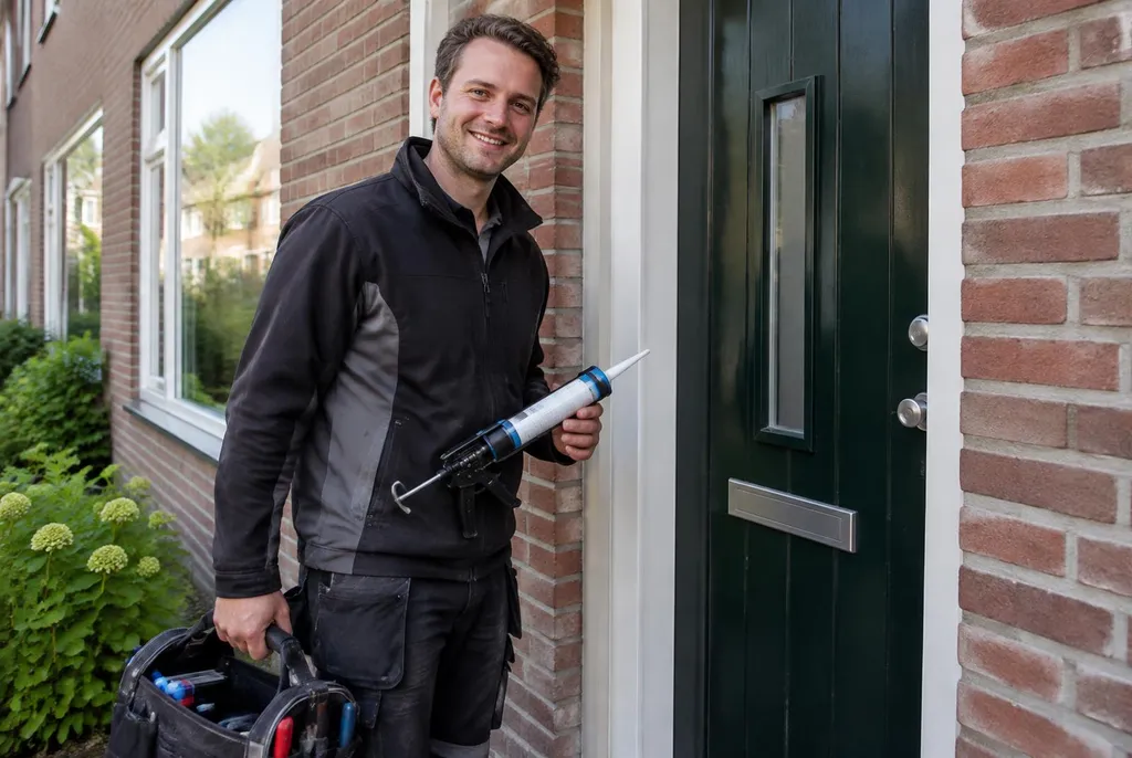 Vakman van Kitbedrijf Woudenberg bij de voordeur van een woning